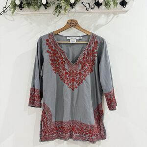 Gretchen Scott Designs Embroidered Tunic Top Grey Red Medium